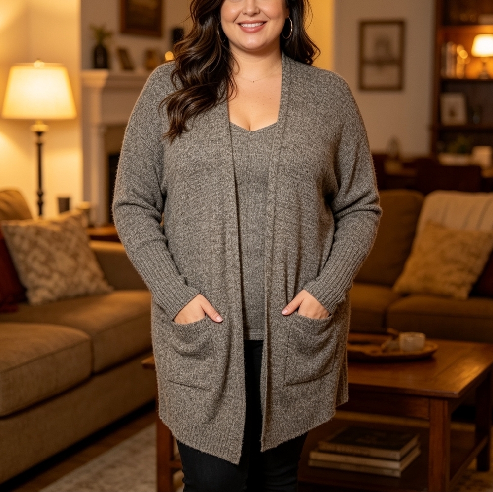 Don’t Ask Why Gray Open Front Cardigan One Size Oversized Cozy Knit Pockets